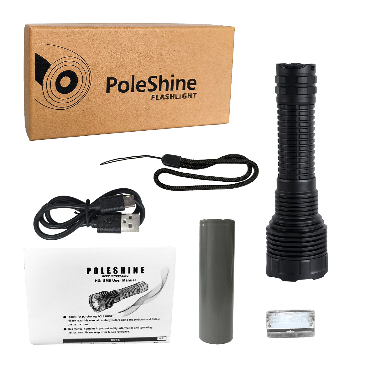 Linterna Táctica PoleShine - 2100 Lúmenes | 600m de Alcance | 4 Modos | Strobe | Recargable | Batería 4800 mAh | Impermeable | C8S-M