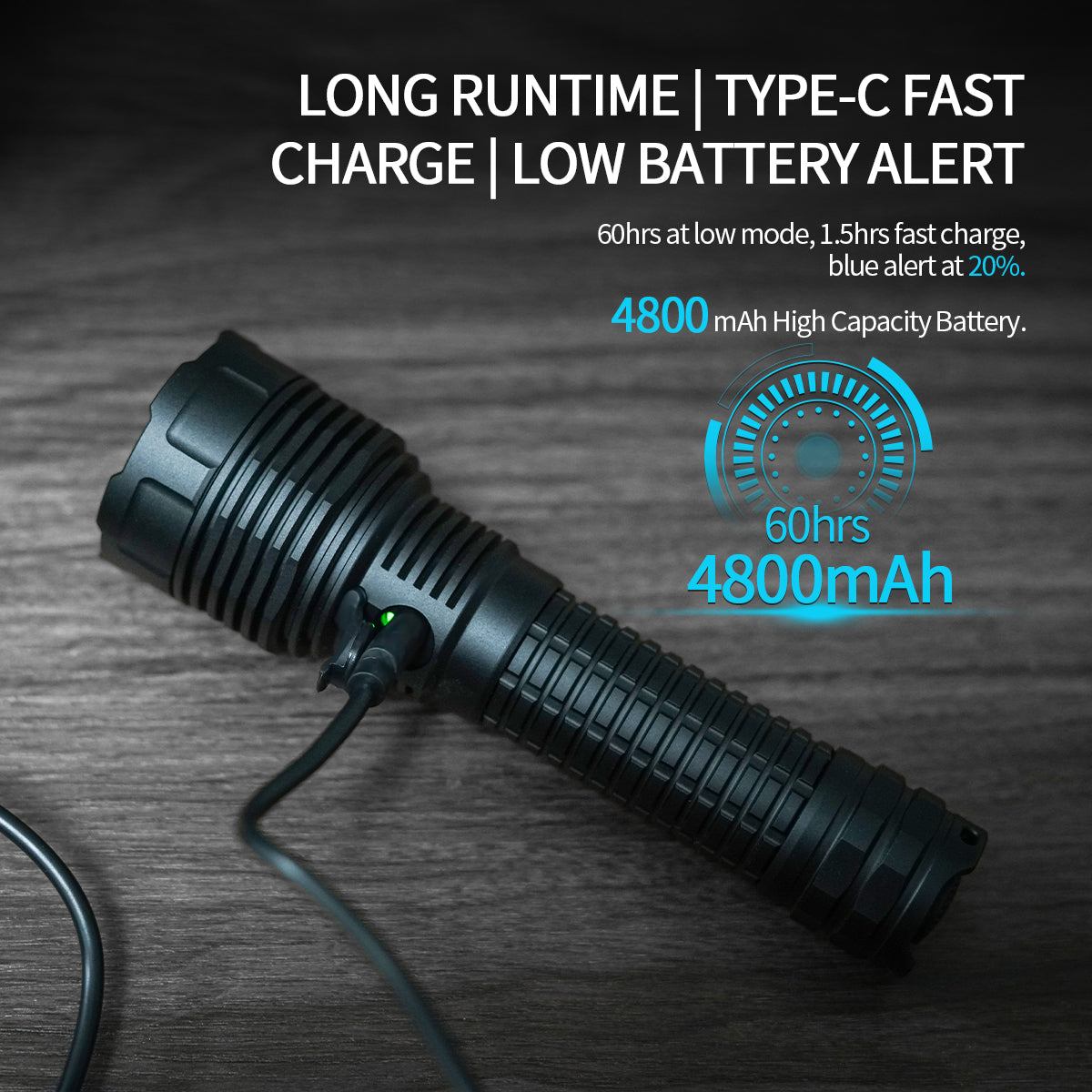 Linterna Táctica PoleShine - 2100 Lúmenes | 600m de Alcance | 4 Modos | Strobe | Recargable | Batería 4800 mAh | Impermeable | C8S-M