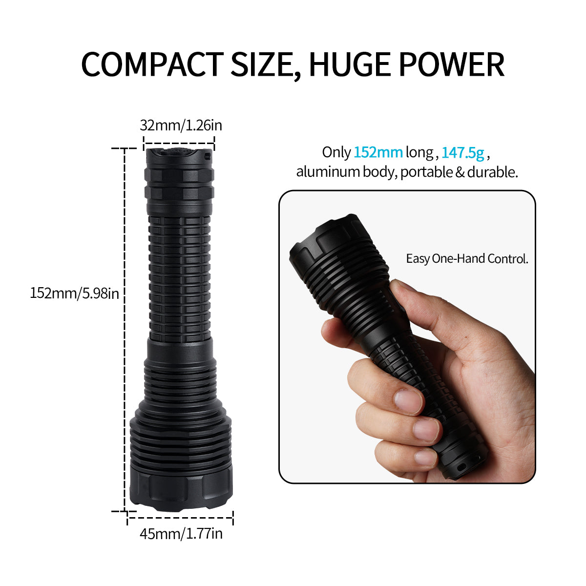 Linterna Táctica PoleShine - 2100 Lúmenes | 600m de Alcance | 4 Modos | Strobe | Recargable | Batería 4800 mAh | Impermeable | C8S-M
