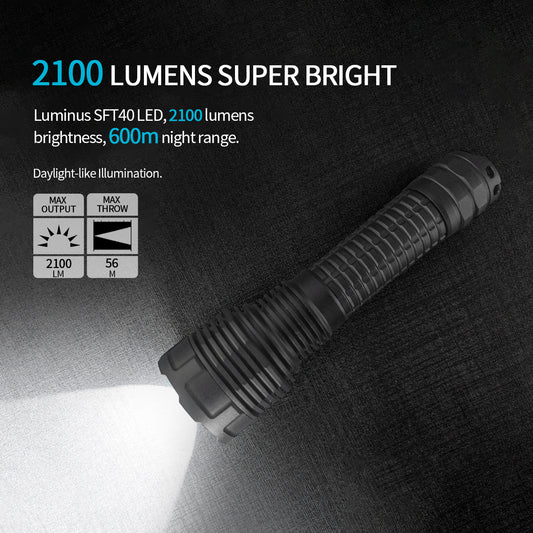 Lampe torche tactique PoleShine - 2100 lumens | Faisceau 600m | 4 modes | Stroboscope | Rechargeable | Batterie 4800 mAh | Étanche | C8S-M