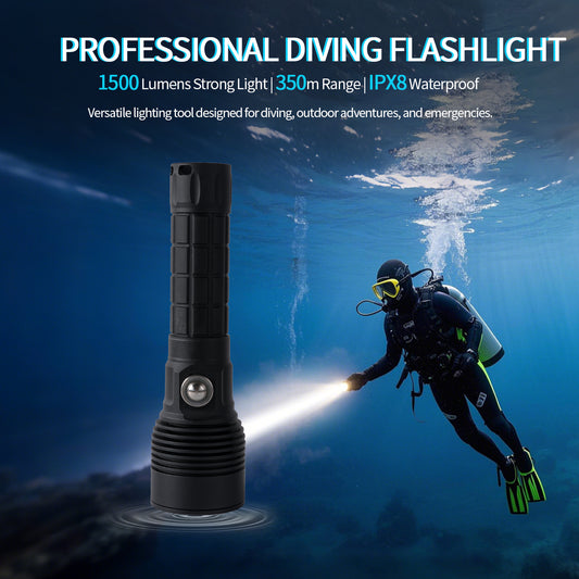 Lampe de plongée tactique PoleShine - 1500 lumens | 6 modes | étanche IPX8 | rechargeable | batterie 4800mAh | stroboscope tactique + SOS | TS3