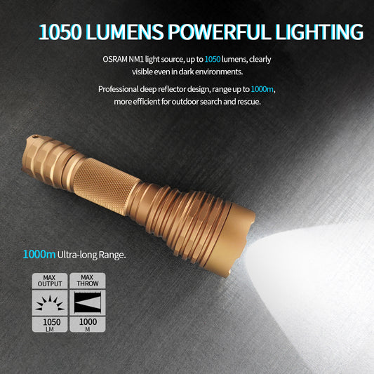 Lampe torche tactique PoleShine - 1050 lumens | Portée 1000m | 5 modes | Strobe + SOS | Rechargeable | Étanche | C8SG