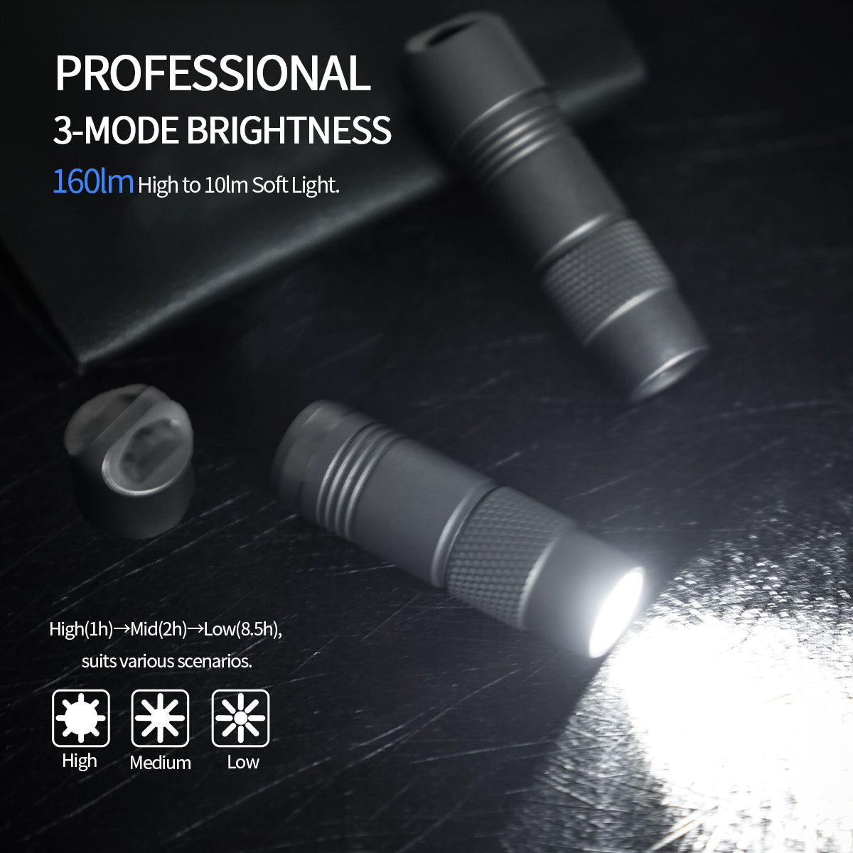 ‎PoleShine Mini Flashlight - 160 Lumens| 3 Modes| Strobe | IPX6 Waterproof| Rechargeable | Titanium alloy | Magnetic Base |MN103