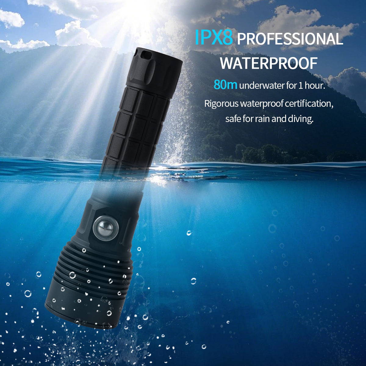 Linterna de Buceo Táctica PoleShine - 1500 Lúmenes | 6 Modos | Impermeable IPX8 | Recargable | Batería 4800mAh | Estrobo Táctico + SOS | TS3