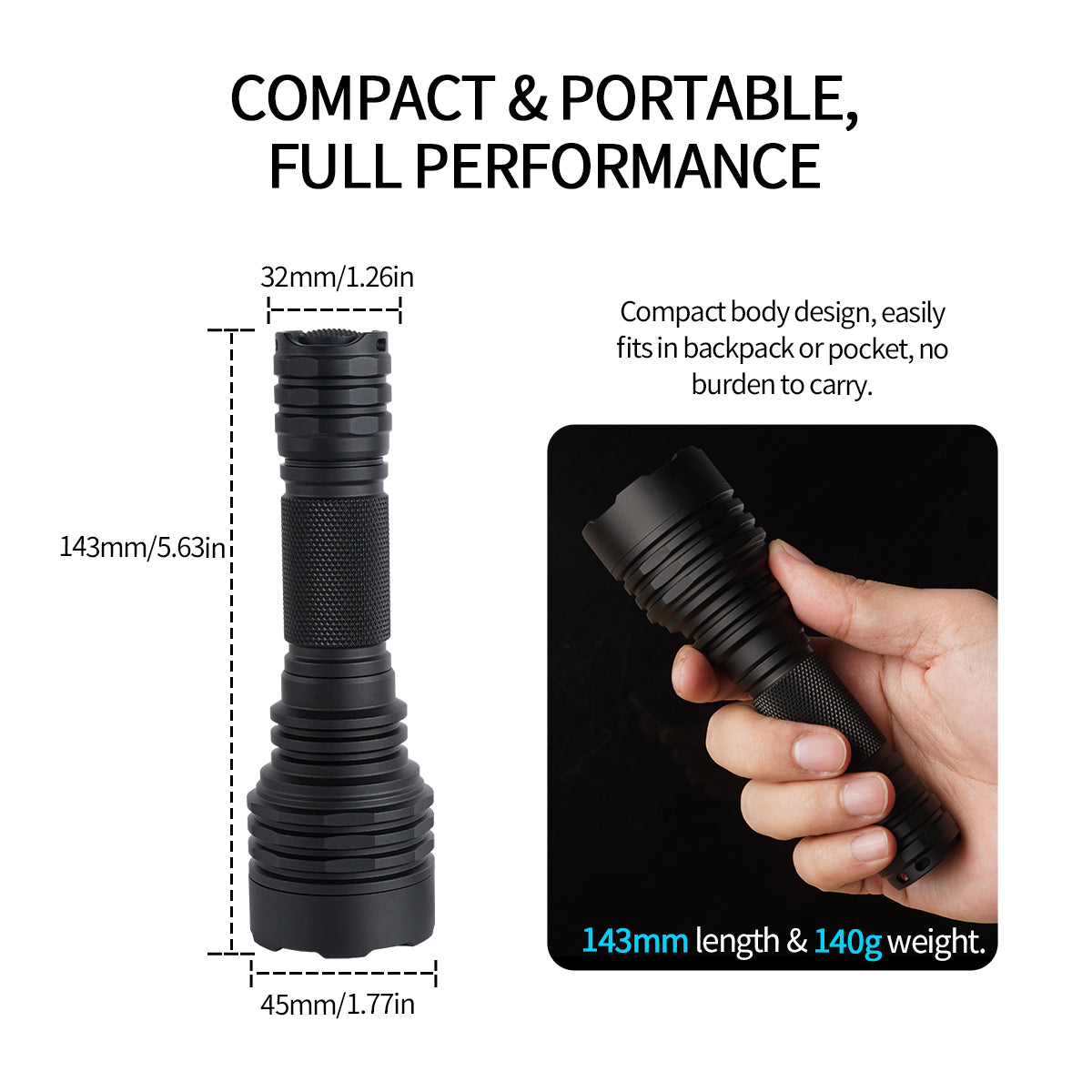Linterna Táctica PoleShine - 1050 Lúmenes | Alcance 1000m | 5 Modos | Strobe + SOS | Recargable | Impermeable | C8SG