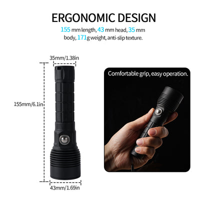 Linterna de Buceo Táctica PoleShine - 1500 Lúmenes | 6 Modos | Impermeable IPX8 | Recargable | Batería 4800mAh | Estrobo Táctico + SOS | TS3